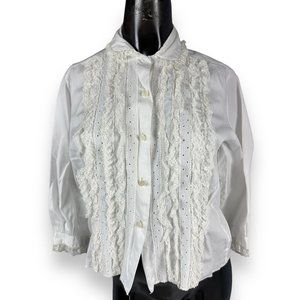 Vtg ILGWU Ivory Ruffle Top Blouse Sheer High Neck Tuxedo Secretary Pan Collar